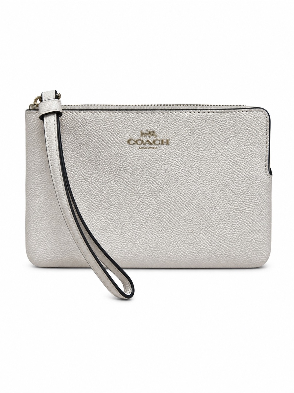 Coach Corner Zip Wristlet in Crossgrain Leather Chalk White Grey Gold Hardware
